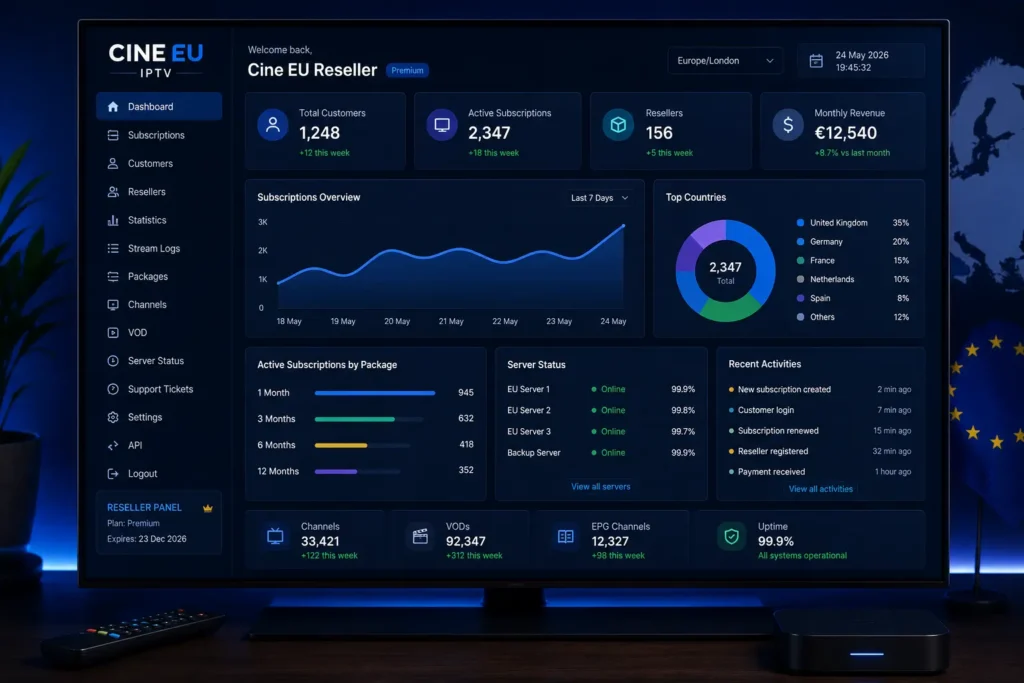 Cine EU IPTV reseller panel dashboard used to manage IPTV subscriptions and reseller services across Europe.