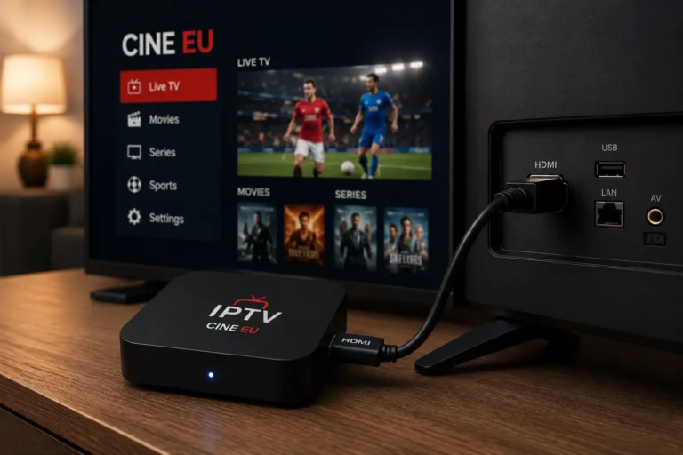 Small iptv kastje device connected to a television via HDMI cable