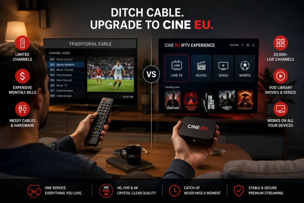 Person comparing traditional cable remote with a streaming box interface