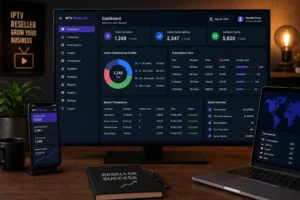 IPTV reseller subscription dashboard showing active customer credits and subscription tiers