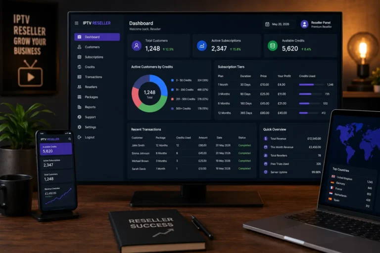 IPTV reseller subscription dashboard showing active customer credits and subscription tiers