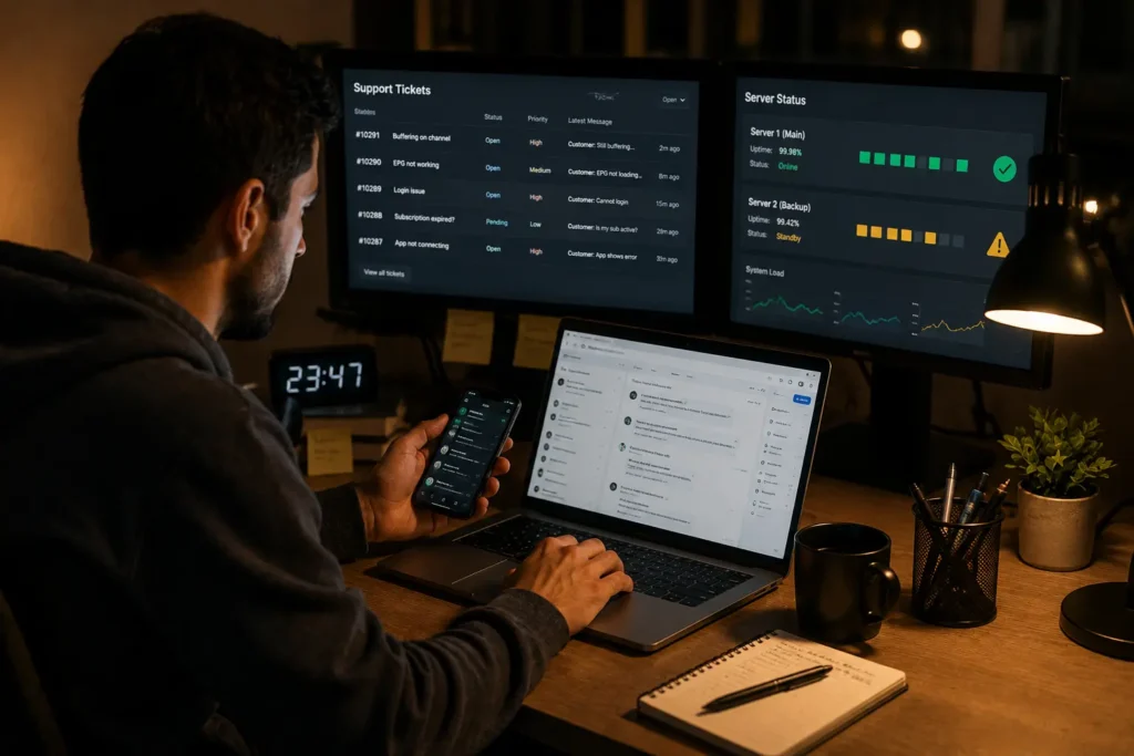 IPTV reseller responding to customer support tickets late at night to avoid downtime complaints