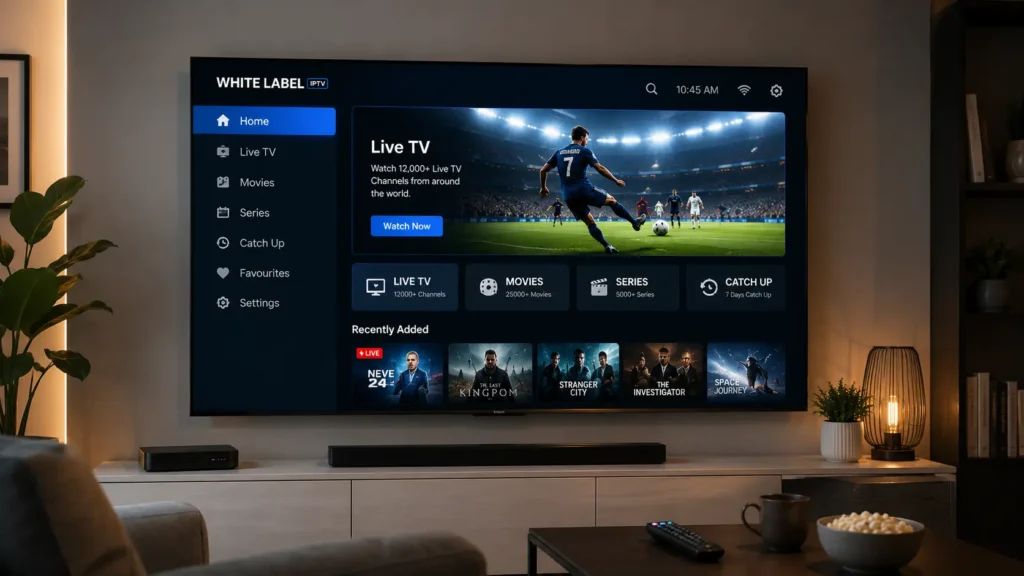 White label IPTV app running on a smart TV screen in a living room