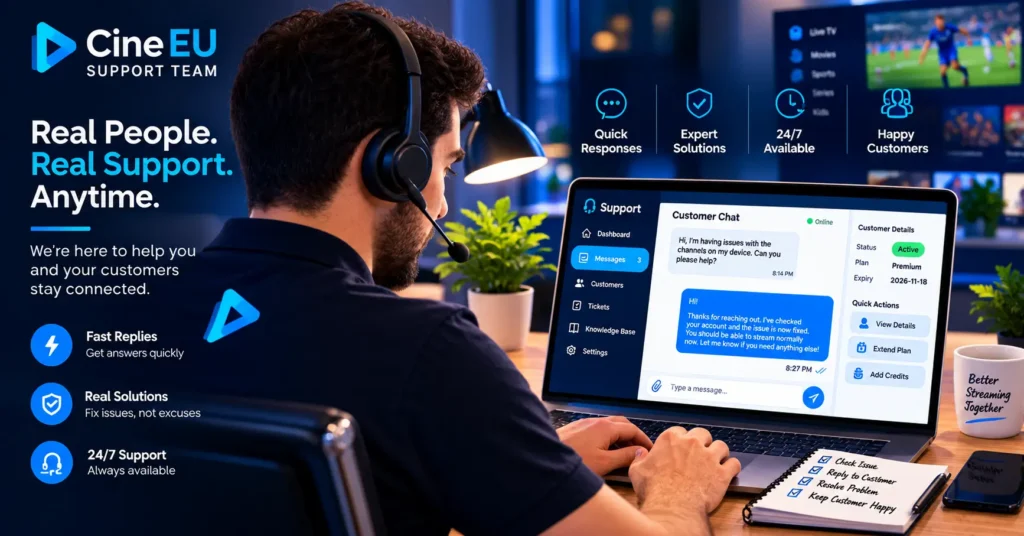 Support agent replying to a customer message on a laptop during an evening shift