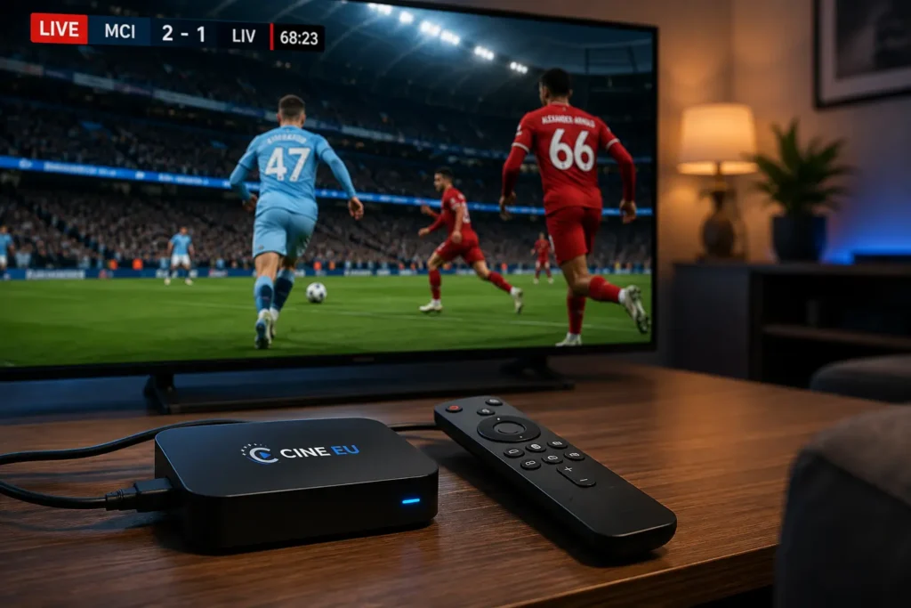 Close up of a streaming device connected to a television during a live football match