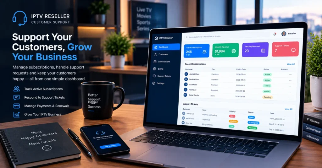 customer support dashboard used by an iptv reseller managing active subscriptions