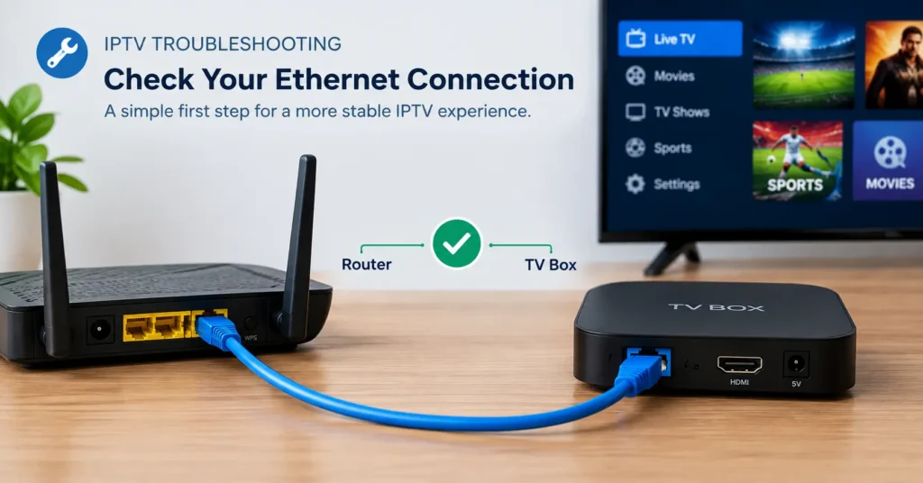 Ethernet cable running from a router to a TV box, a simple first step in IPTV troubleshooting